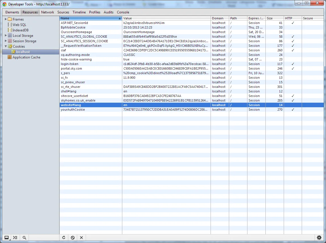 Cookies in devtools