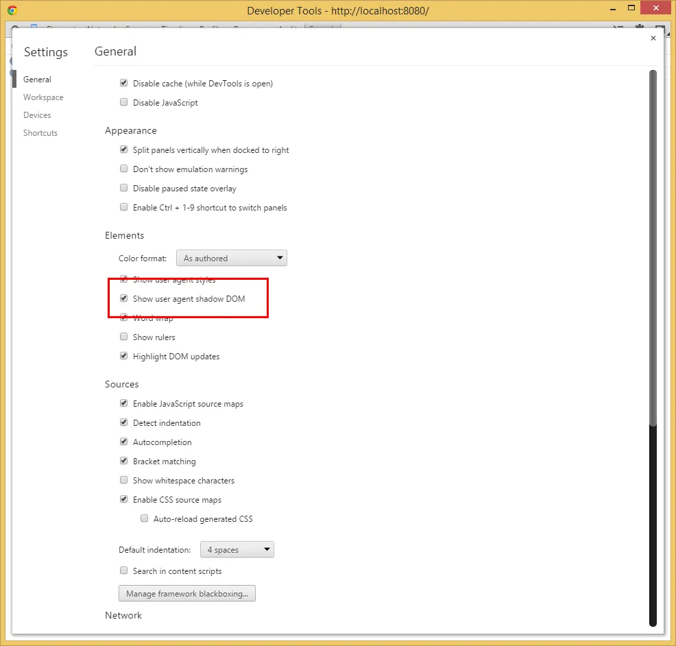 Enable the shadow DOM setting
