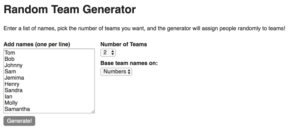 Random team generator in action